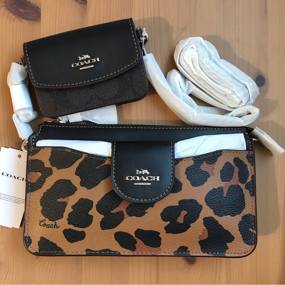 🐆Coach Poppy Crossbody With Card Case With Leopard Print And Signature Canvas - Picture 1 of 14